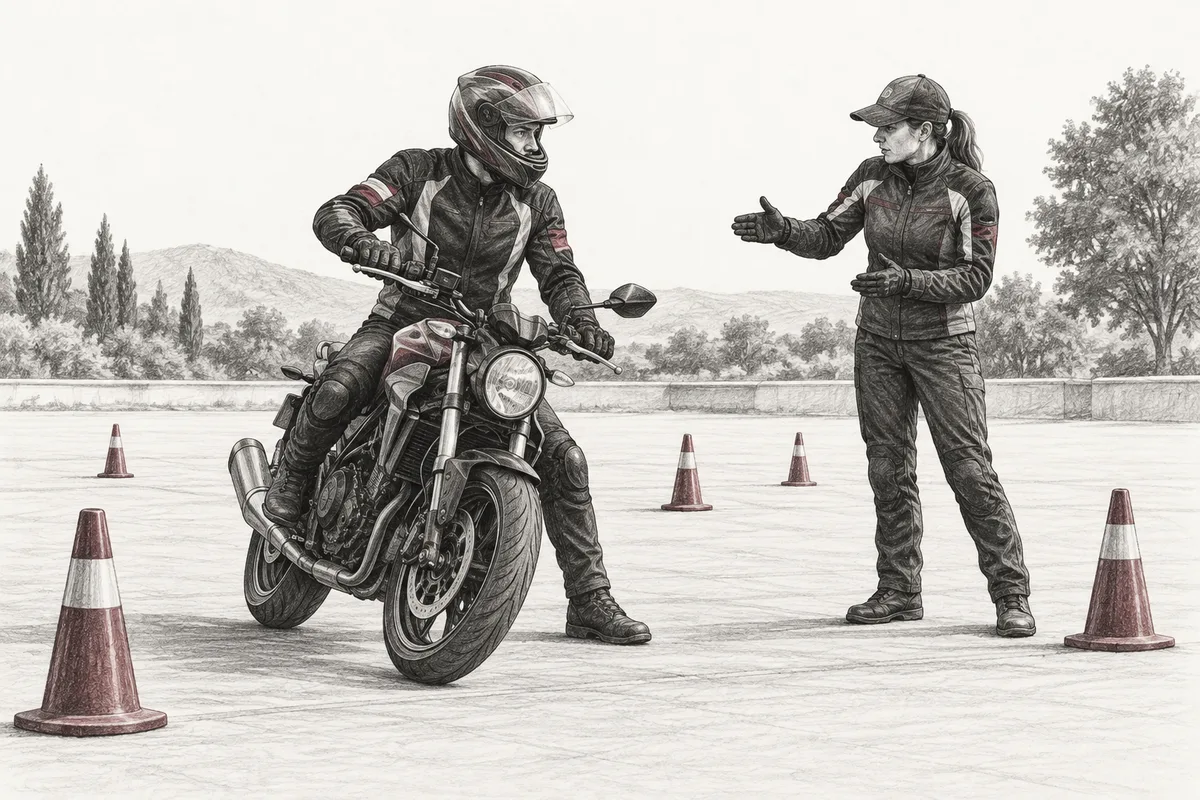 Kapalı eğitim alanında motosiklet ve koruyucu ekipmanlı kurye karakalem çizimi