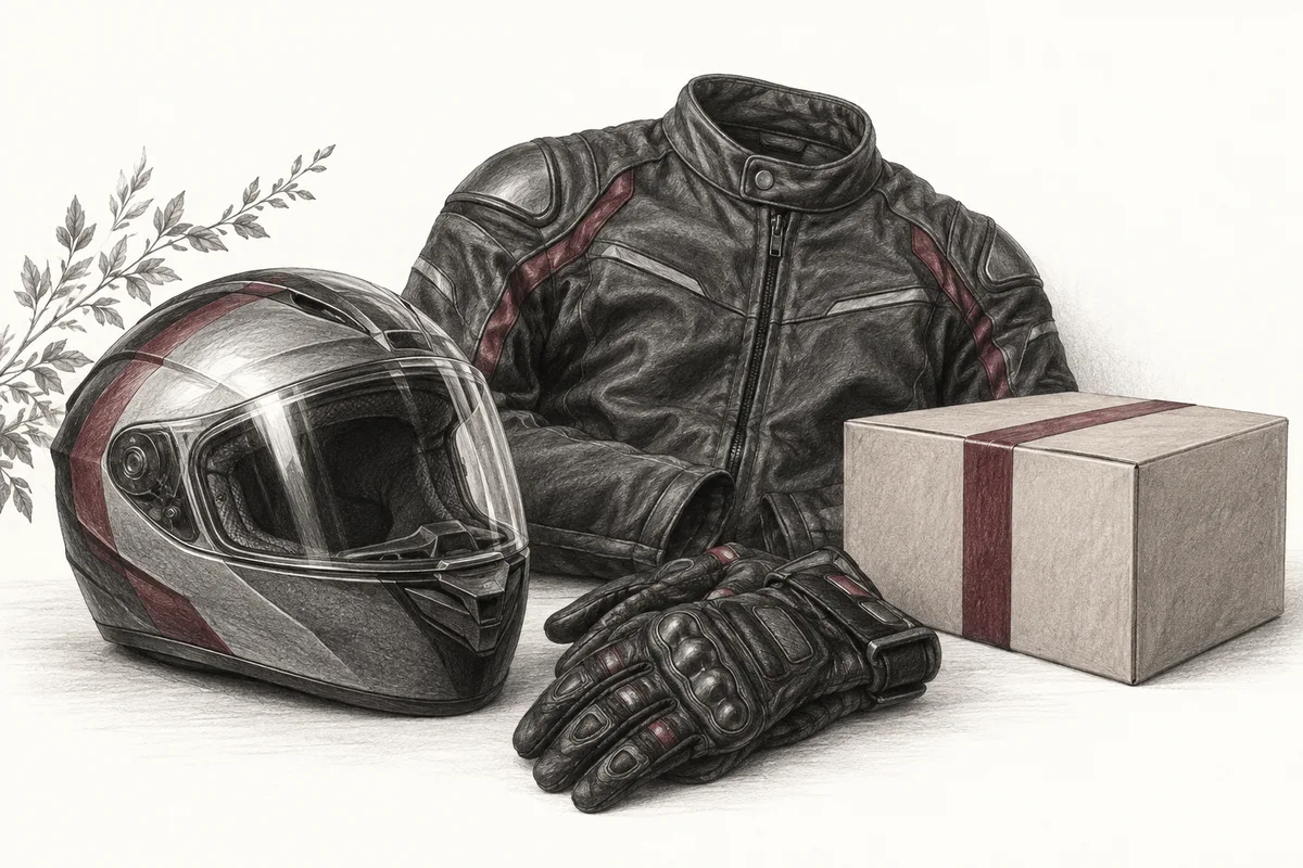 Kask, eldiven, koruyucu ceket ve teslimat kutusunun karakalem çizimi