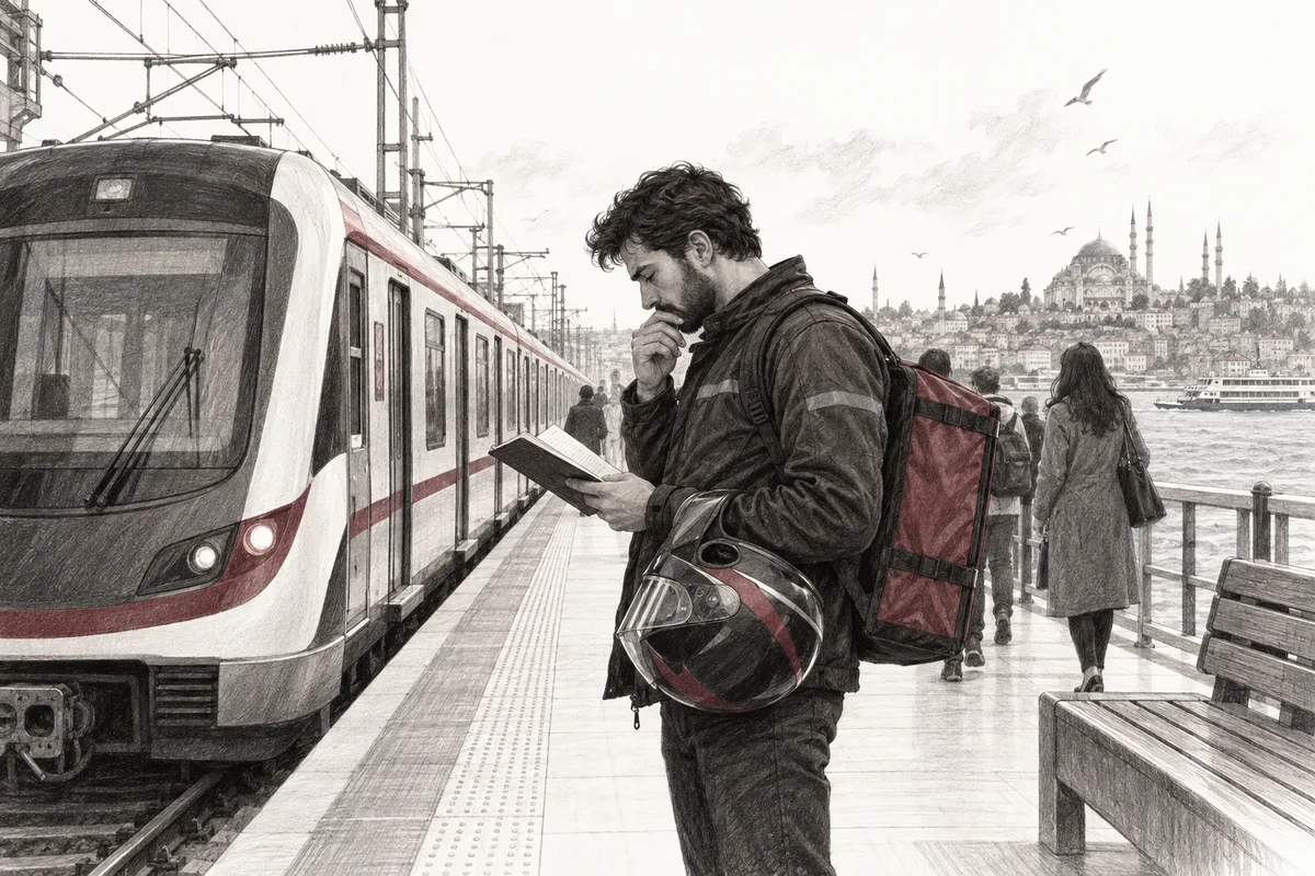 İstanbul banliyö istasyonunda ulaşımını planlayan kuryenin karakalem çizimi